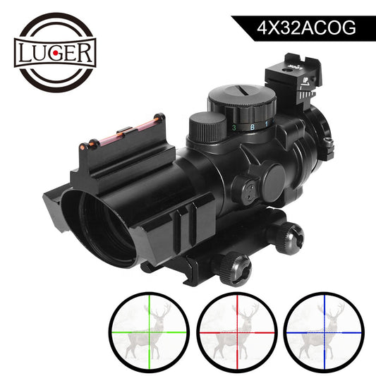 LUGER 4x32 ACOG Riflescope, RGB Crosshair, Fibre Optic Sight