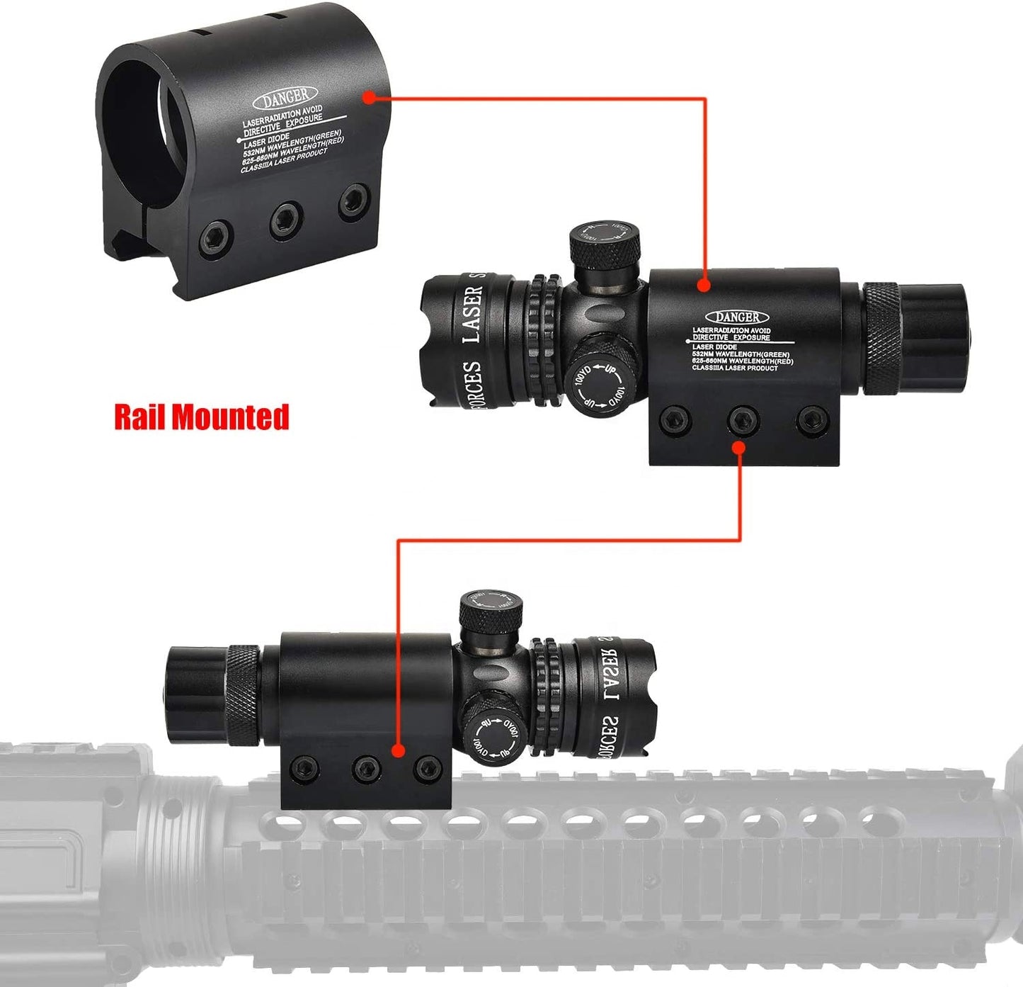 Red/Green Laser Sight - Picatinny mount + Tube mount - Pressure switch included